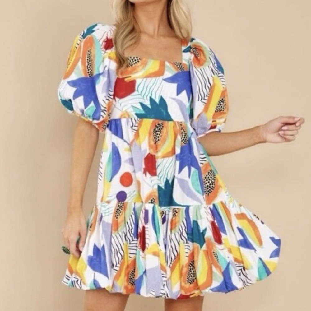 Oliphant Papaya Bubble Skirt Puff Sleeve Cotton Mini Dress‎ Size XL